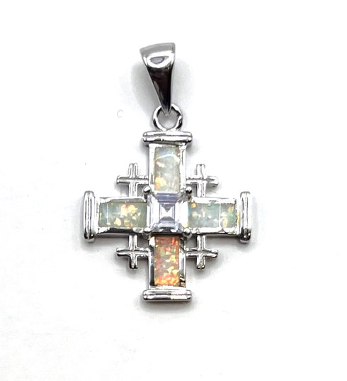 Sterling Silver with Opal Jerusalem Cross Pendant